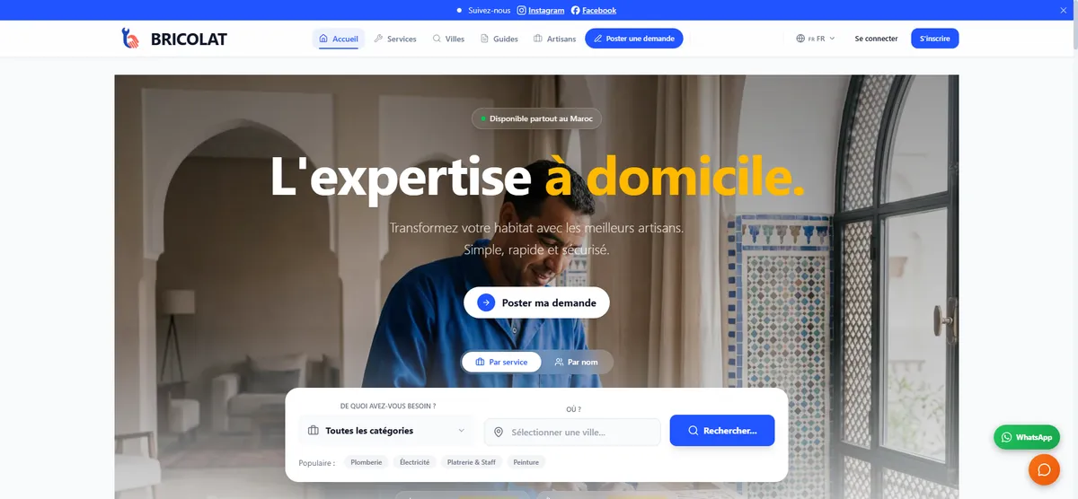 Page d’accueil de Bricolat avec le bouton « Poster une demande »