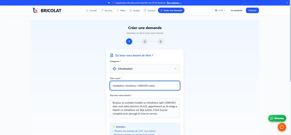 Étape 1 remplie avec un exemple d’installation de climatiseur à Maârif
