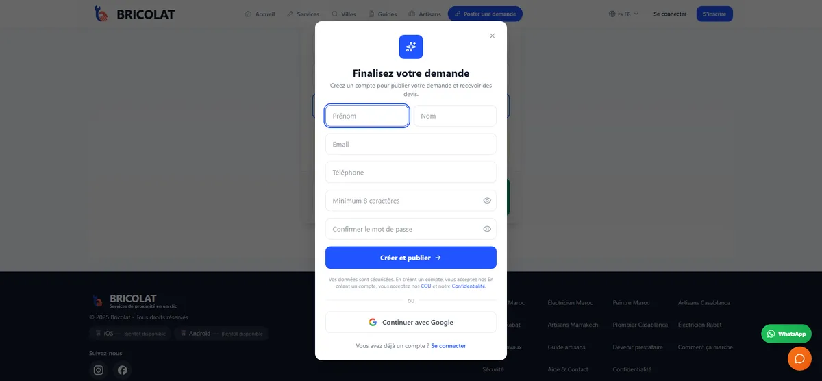 Fenêtre de création de compte pour finaliser et publier la demande
