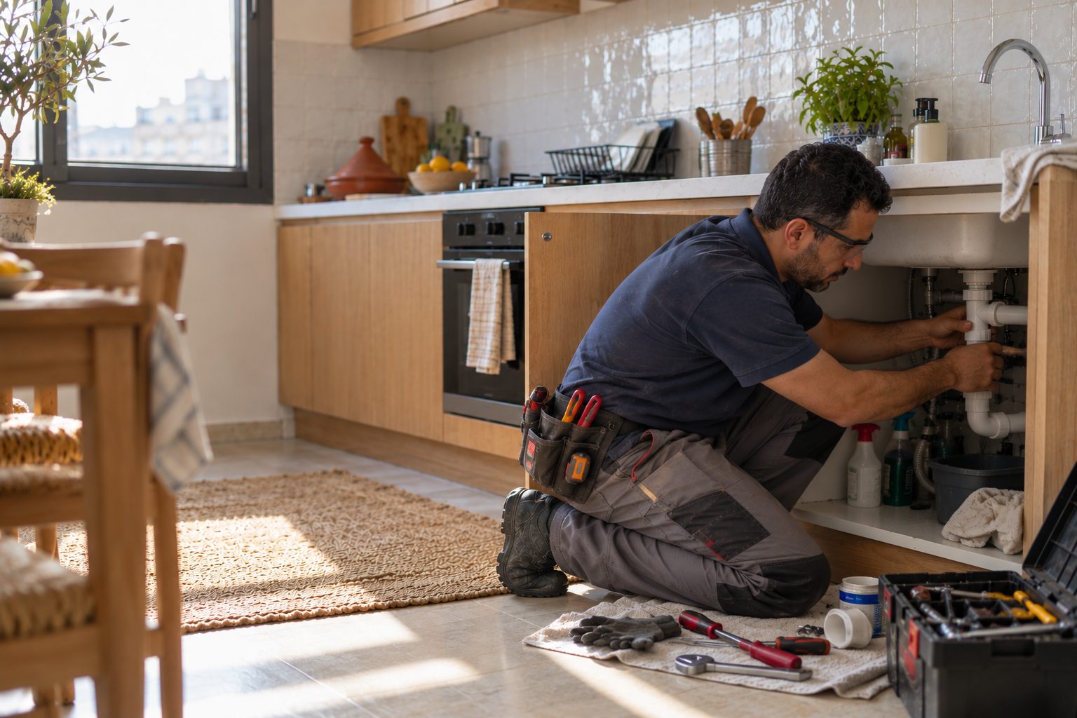 Un plombier répare l'évier d'une cuisine dans un appartement au Maroc