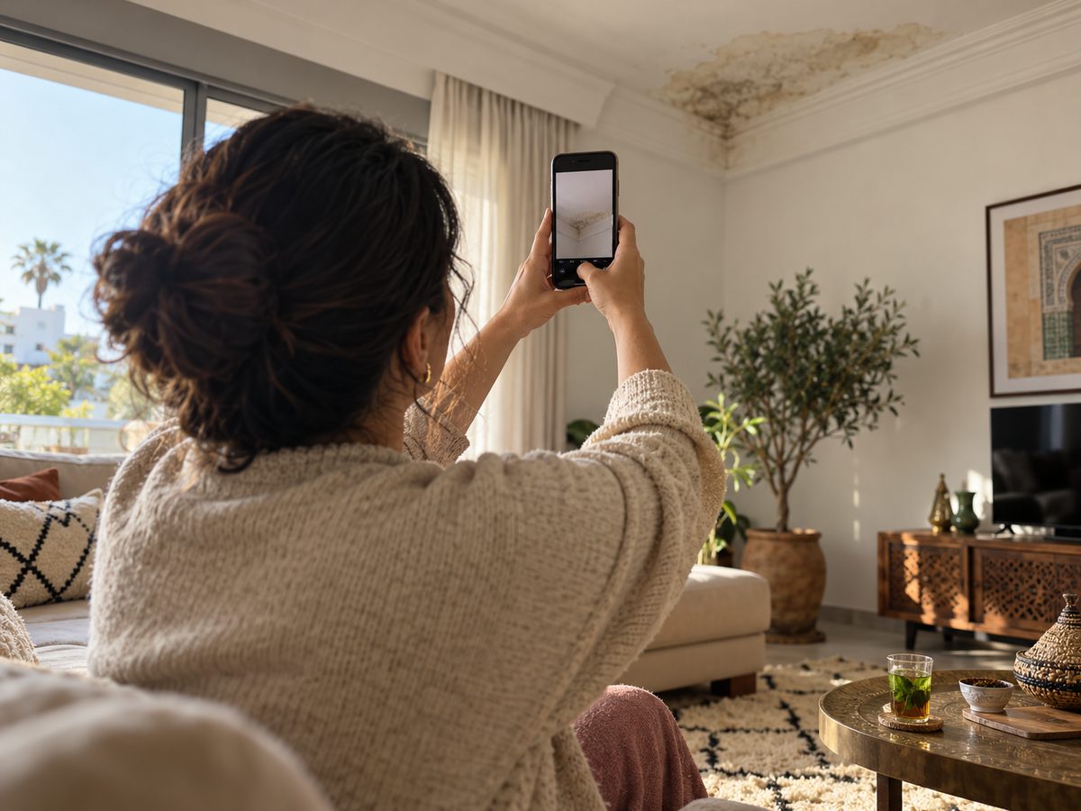 Une cliente photographie une fuite au plafond avec son téléphone